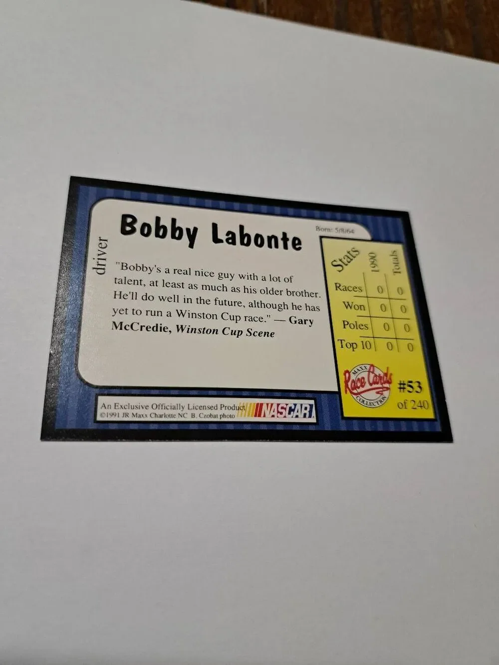 Vintage 1991 Maxx Bobby Labonte #53 Race Car Nascar Trading Card